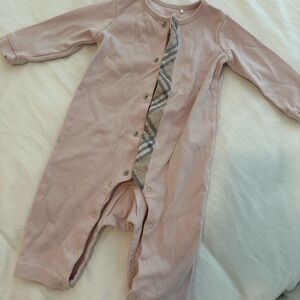 Pink Burberry Baby Onesie with Plaid Detail